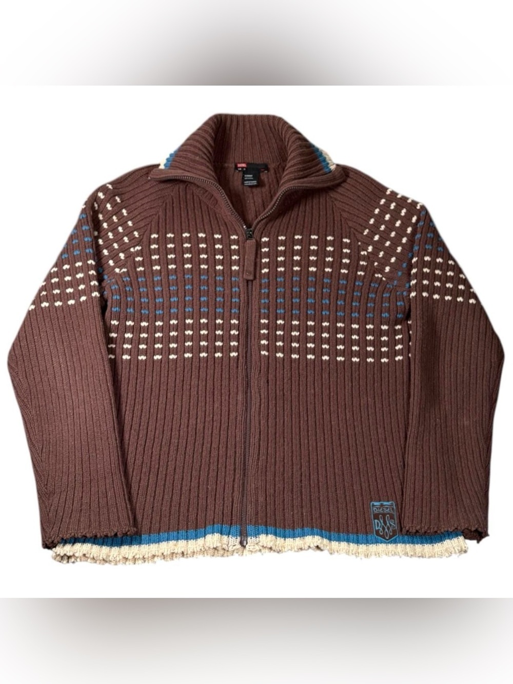 Vintage Diesel 100% Wool Full Zip Sweater Cardigan Brown Isle Mens Medium Y2K